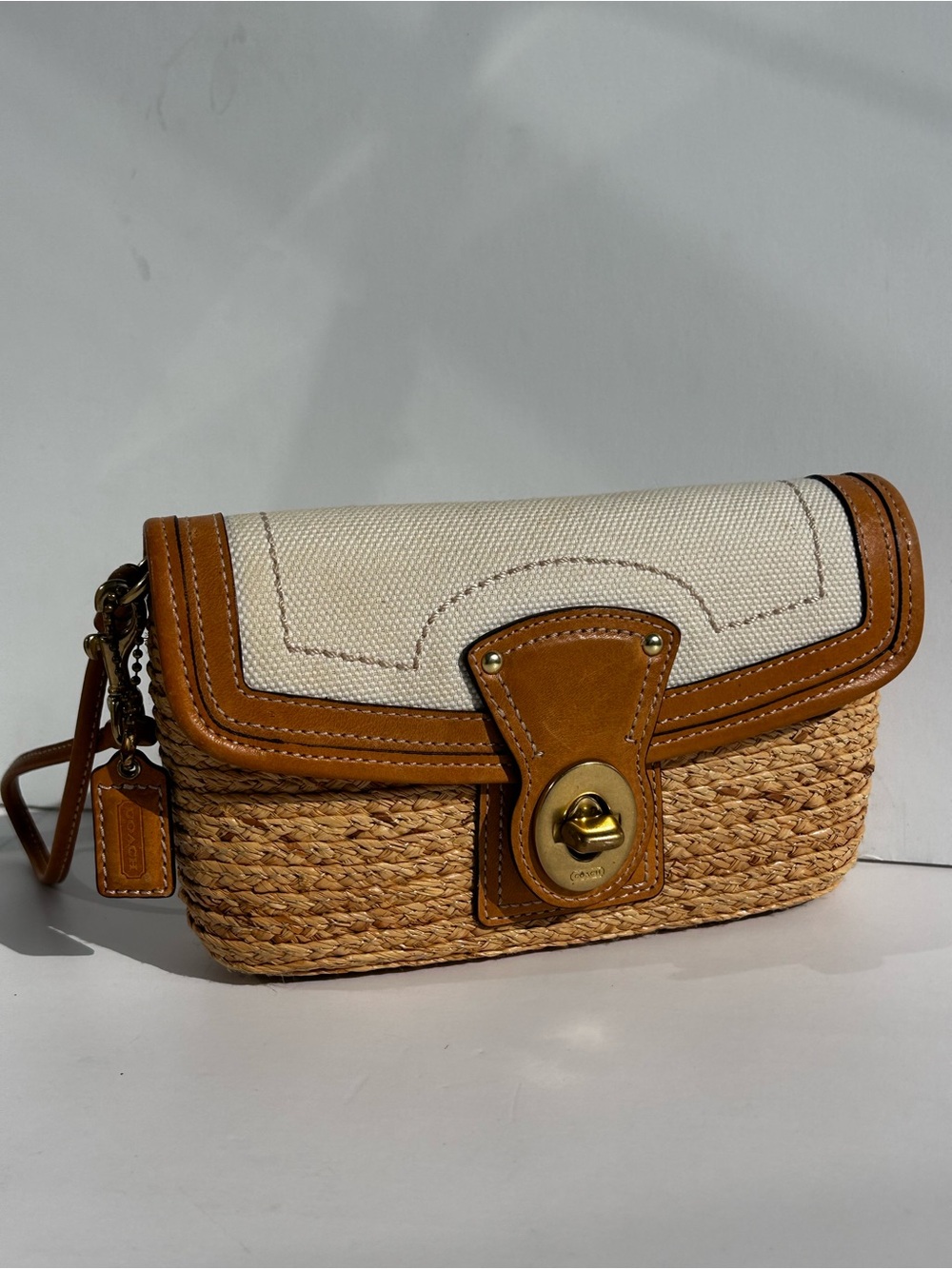 Vintage Coach Summertime Straw Raffia Turnlock Clutch Canvas Leather Wristlet